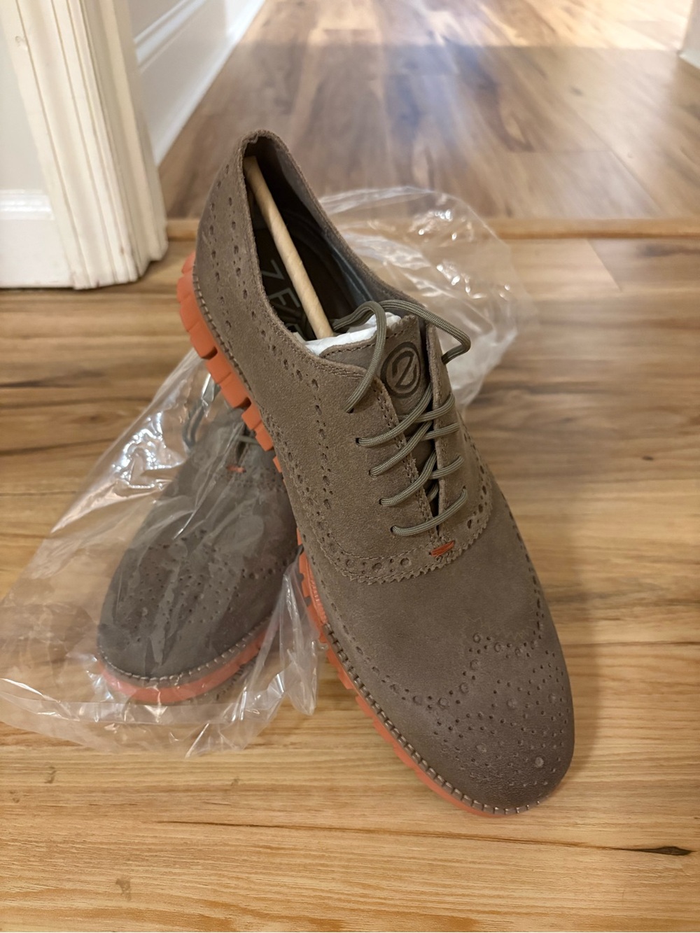 Cole Haan Taupe Suede Wingtip Oxfords with Orange Sole